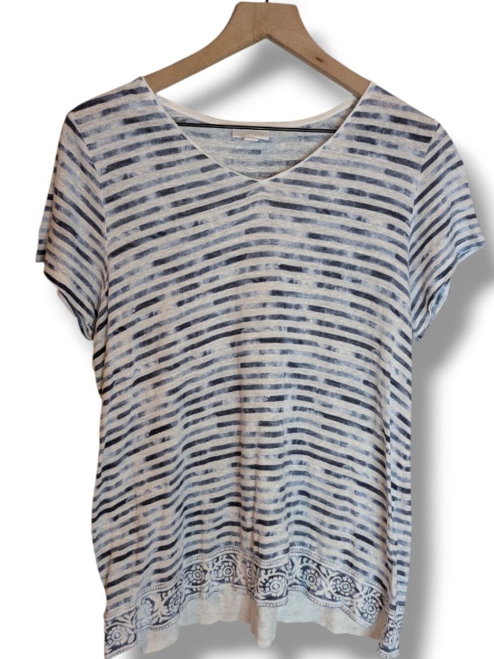 J.Jill Love Linen T-Shirt Womens M White Blue Stripe V-Neck Casual Top
